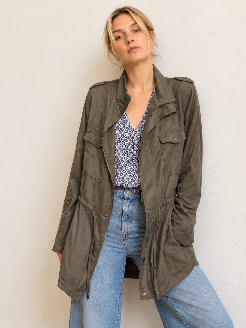 Korye Olive Military Utility Jacket Drawstring Zip Snap Safari Cargo Coat Sz 1X
